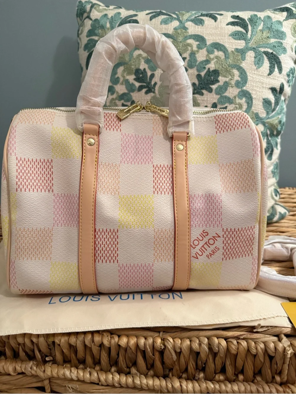 L V Pastel Checkered Speedy 30 in Pink, Cream & Yellow